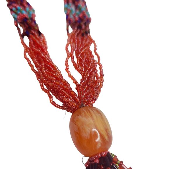 Women's Necklace Boho Bohemian Folk Orange Turquoise & Blue Seed Beaded Tassel - Picture 2 of 7